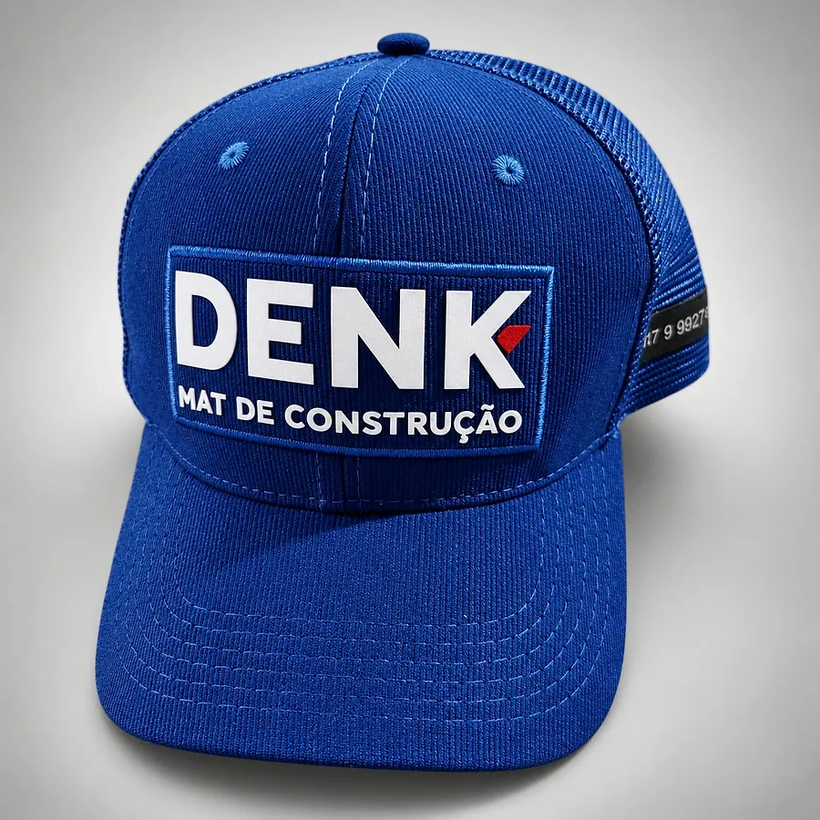 Boné azul com tela e patch de loja de materiais de construção